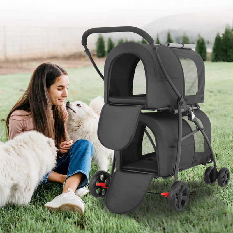 Magshion Folding Double Dog Stroller for 2 Dogs 4 in 1 Pet Stroller for Small Medium Dogs Cats Navy Blue Gray